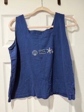 Blue Sleeveless Shell & Starfish Embellished Tank Top